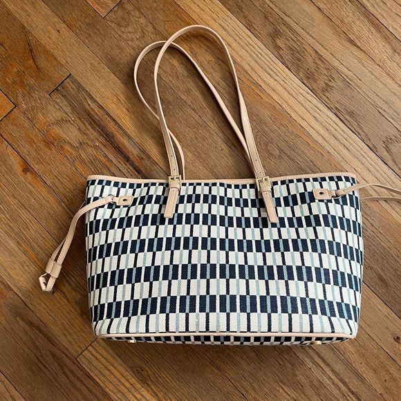 Spartina 449 Jetsetter Tote White Cream Blue Cream Stripe Geometric Large Travel - Picture 1 of 11